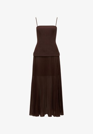 Brown two-piece dress featuring a fitted, sleeveless bodice and a pleated, flowing skirt. The fabrics have a smooth texture and layered appearance.