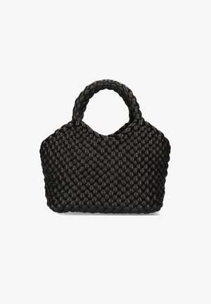 Black woven handbag with a textured, braided design and two rounded handles. Made of leather, featuring a compact, structured shape.