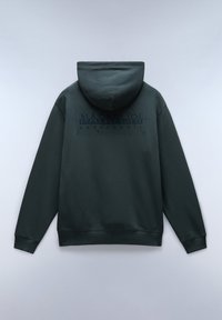 Felpa verde scuro con schiena texturizzata, caratterizzata da un sottile logo nero e un cappuccio con cordino. Realizzata in materiale morbido con polsini a costine.
