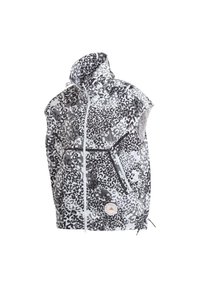 Packbar väst i grå och vit leopardmönster, med hög krage, dragkedjefickor och justerbar nederkant. Tillverkad av lätt material.