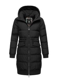 Black puffer coat with a hood, featuring a zip front, two front pockets, ribbed cuffs, and a patterned lining inside.