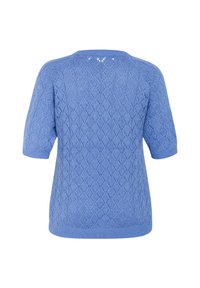 Pull en tricot bleu clair avec un motif en losange, manches courtes et encolure arrondie avec de petits détails en œillet à l'arrière.