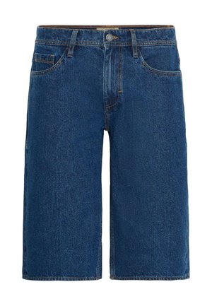 Shorts en denim bleu foncé avec une coupe droite, design à cinq poches et surpiqûres contrastées. Dotés d'une braguette zippée et d'une fermeture par bouton.