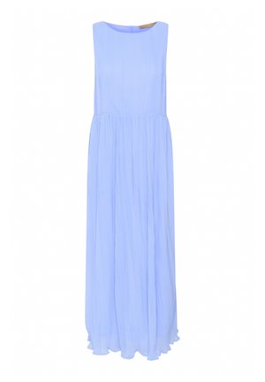 Světle modré maxi šaty bez rukávů vyrobené z lehké plisované tkaniny, s kulatým výstřihem a skrytým zipem na zadní straně.
