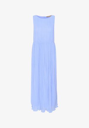 Light blue sleeveless maxi dress made from flowing pleated fabric, featuring a round neckline and a hidden back zipper.