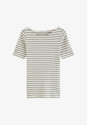 Chemise à manches courtes, rayée horizontalement en gris et blanc, avec un large col en V, présentée sur un fond blanc.