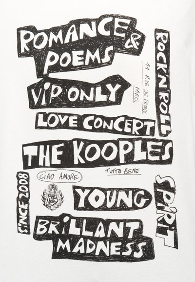 Μαύρο χειρόγραφο κείμενο σε λευκό φόντο που απαριθμεί φράσεις όπως «Ρομαντισμός & Ποίηση», «Μόνο VIP», «Συναυλία Αγάπης», «The Kooples» και «Νεαρή Λαμπρή Τρέλα».