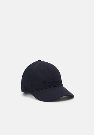 Marineblaue Kappe mit gebogenem Schirm, besticktem Logo an der Vorderseite und seitlichem Logo-Element. Hergestellt aus leichtem Material mit glatter Textur.