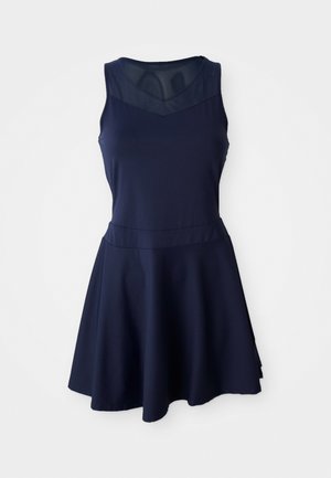 Navy blue sleeveless dress with a V-neckline, fitted bodice, and flared skirt. Made from smooth, stretchy fabric, with a layered design detail.