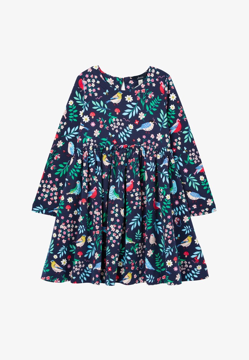 Robe bleu marine à manches longues avec taille froncée, décorée de motifs colorés d'oiseaux, de fleurs, de feuilles et de champignons.