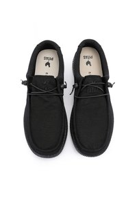 Black canvas shoes with a textured upper, round toe, flexible rubber sole, and adjustable lacing system. Features logo on the tongue and insole.