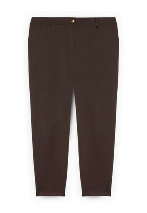 Pantaloni marroni con una texture liscia, design slim-fit, chiusura con bottoni e gambe dritte. Il tessuto sembra elastico e resistente.
