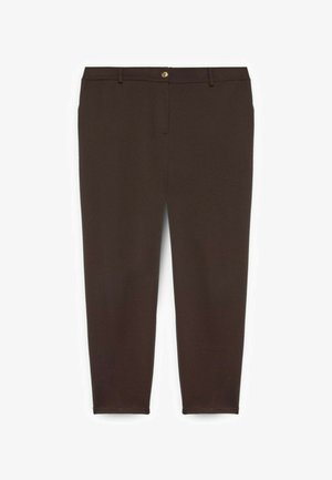 Pantaloni marroni con una texture liscia, design slim-fit, chiusura con bottoni e gambe dritte. Il tessuto sembra elastico e resistente.