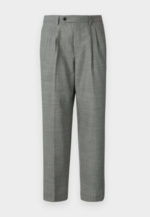 Høytlivs herrebukser med svart og hvit hundetannmønster, knappelukking, beltehemper og frontfolder.