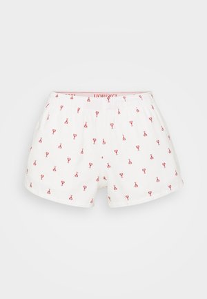 Hvite bomullsbokser med rødt hummermønster, med elastisk midje og løs passform for komfort.