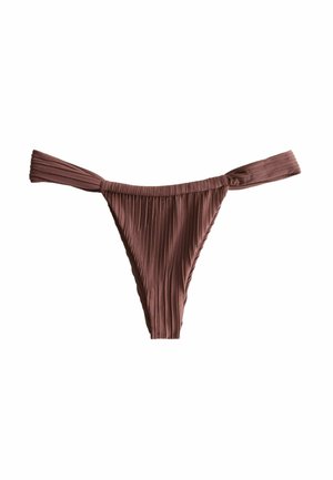 Brauner Bikini-Slip aus geripptem Stoff mit breiten Seitenbändern, im tief sitzenden Tanga-Stil gestaltet.