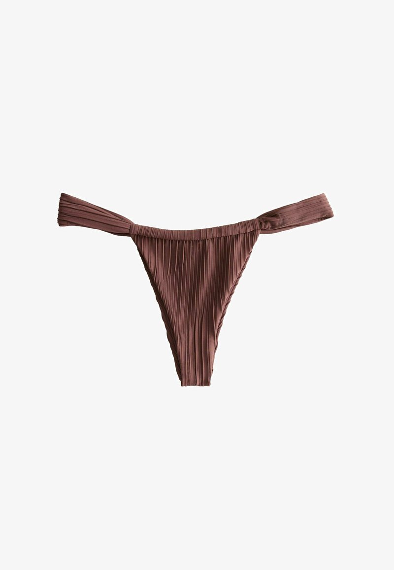 Brun ribstrikket stof bikini underdel med brede sidelommer, designet i en lavtstående thong stil.
