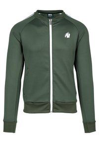 Grüne Zip-Jacke mit Raglanärmeln, weißen Reißverschlüssen und Gorilla-Logo auf der Brust. Verfügt über seitliche Taschen und gerippte Bündchen. Glatte Stoffoberfläche.