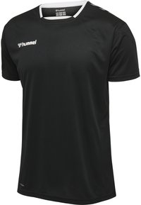 Svart atletisk T-shirt i andningsbart material, med rund halsringning och vita detaljer samt en logotyp på vänster sida fram.
