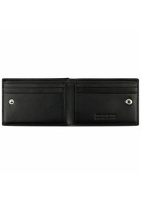 Schwarze Lederbörse mit mehreren Kartenfächern und Druckknopfverschluss, mit strukturiertem Finish und geprägtem "RFID-SCHUTZ"-Detail.