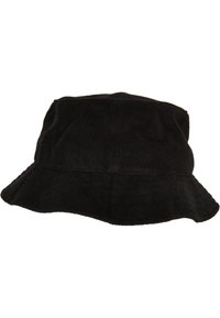 Sort fløjl bucket hat med en bred, floppy kant og en tekstureret overflade, designet til komfort og afslappet brug.
