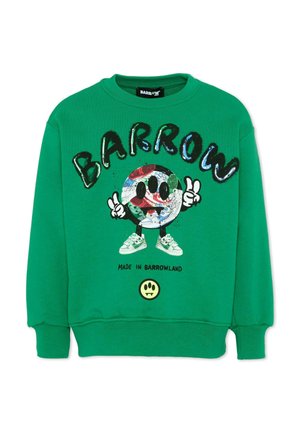 Felpa verde con la scritta "BARROW", personaggio a forma di globo cartoon che fa il segno della pace, scritta "MADE IN BARROWLAND" e faccina gialla sorridente con zanne sotto.