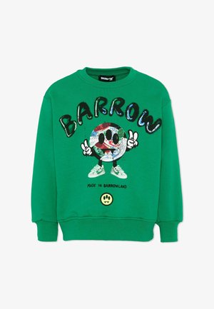 Sweat-shirt vert avec le texte "BARROW", personnage de globe cartoon faisant des signes de paix, texte "MADE IN BARROWLAND" et visage souriant jaune avec des crocs en dessous.