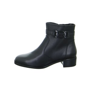 Black leather ankle boot with low heel and decorative chain-link strap around the upper side.