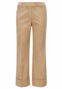 Beige wijde pantalon van gladde stof, met zijzakken, een knoopsluiting en omgeslagen manchetten aan de onderkant.