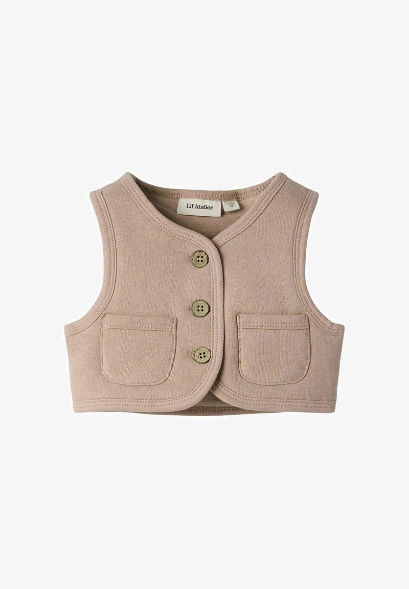 Beżowa bawełniana kamizelka z zaokrąglonym dekoltem, zapięciem na trzy guziki oraz dwoma przednimi kieszeniami. Charakteryzuje się miękką teksturą i schludnym designem.