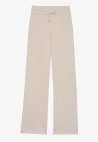 Beige wijde broek met een drawstring tailleband, voorzien van een zachte textuur en een gladde afwerking. Geen patronen of accenten aanwezig.
