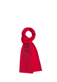 Red scarf with black nautical-themed text and anchor logo, looped with one end hanging down against a white background.