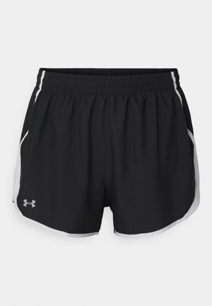 Black athletic shorts with an elastic waistband, featuring white side panels and the Under Armour logo in silver on the front left.