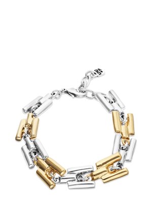 Pulsera con eslabones rectangulares alternos de oro y plata, conectados por cadenas más pequeñas y cierre de langosta.