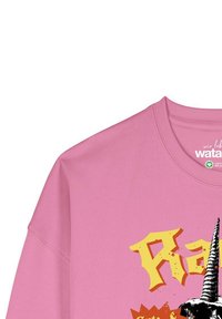 Roze sweatshirt met een ronde hals, voorzien van een gedurfde gele en zwarte grafische afbeelding van een figuur met hoorns, gestructureerde stof en een relaxte pasvorm.