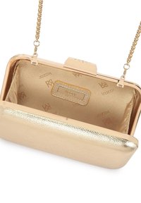 Gold metallic handbag with a smooth textured exterior. Features a chain strap and a structured clasp closure. Interior is lined with satin.