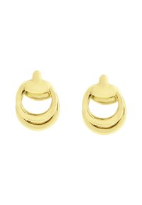 Guld-tone metal øreringe med et dobbelthul-design, poleret finish og en lille topaccent, der giver et moderne og elegant udseende.