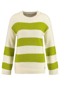 Maglione a righe realizzato in tessuto lavorato a maglia. Presenta righe orizzontali alternate bianche e verde brillante, con un colletto e polsini a coste.