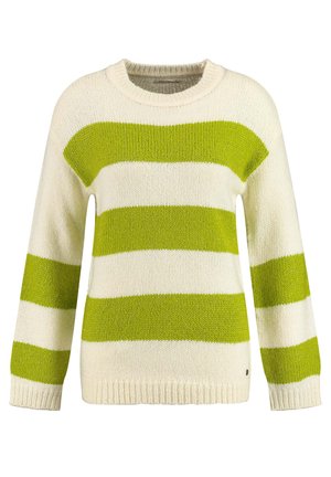 Gestreepte trui van gebreid materiaal. Heeft afwisselend witte en felgroene horizontale strepen, met ribbelkraag en boorden.