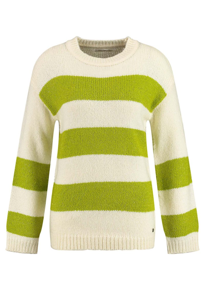 Maglione a righe realizzato in tessuto lavorato a maglia. Presenta righe orizzontali alternate bianche e verde brillante, con un colletto e polsini a coste.