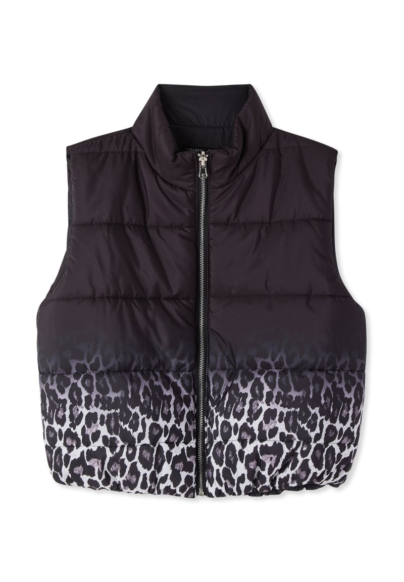 Gilet imbottito nero senza maniche con collo alto, chiusura a zip e motivo leopardato sfumato nella parte inferiore. Texture satinata.