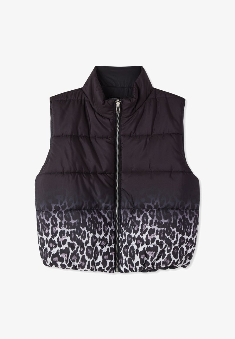 Gilet imbottito nero senza maniche con collo alto, chiusura a zip e motivo leopardato sfumato nella parte inferiore. Texture satinata.