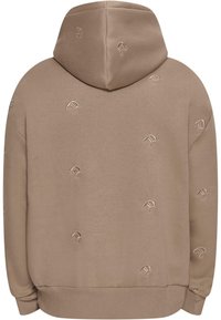 Bluza z kapturem w beżowym różnym składzie bawełny, z haftem logo na całej powierzchni oraz prążkowanymi mankietami i dołem, zapewniającymi pewne dopasowanie.