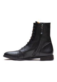 Black leather ankle boot with a rounded toe, lace-up front, and a side zipper. Features a smooth texture and a low stacked heel.