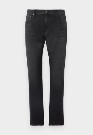 Jean en denim noir avec une coupe droite, style cinq poches et un léger délavé. Comprend une taille avec bouton et des passants pour ceinture.