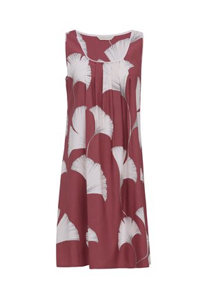 Mouwloze donkerrode jurk met grote witte bloemenprint en ronde halslijn, losse pasvorm en plooien aan de voorkant.