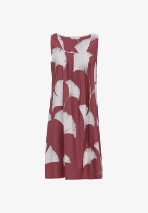 Mouwloze donkerrode jurk met grote witte bloemenprint en ronde halslijn, losse pasvorm en plooien aan de voorkant.