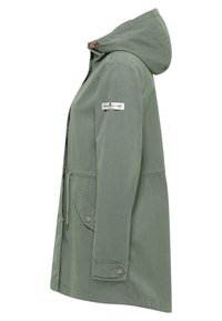 Olijfgroene hooded jack met een relaxte pasvorm, zijzakken en drukknopenaccenten. Gemaakt van lichtgewicht stof met een gladde textuur.