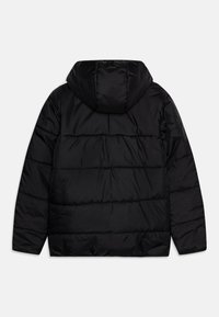 Black puffer jacket with a hood, featuring horizontal seams and a smooth, shiny texture. Simple design without additional details or patterns.