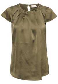 Blouse en satin vert olive à manches courtes, col rond avec plis et fermeture au dos par bouton à œillet.